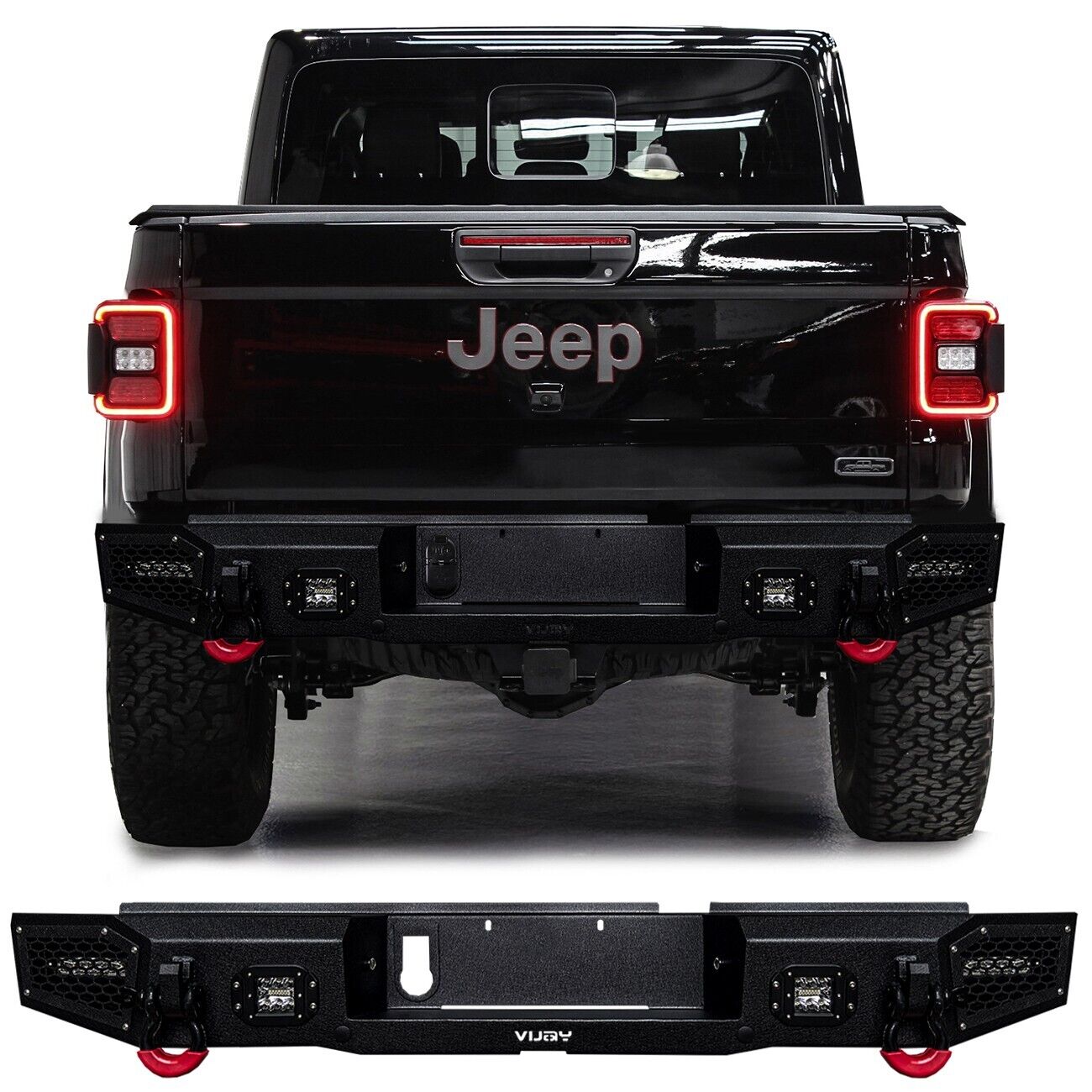Vijay Fits 2020-2024 Jeep Gladiator JT Black Rear Bumper with LED Spotlight