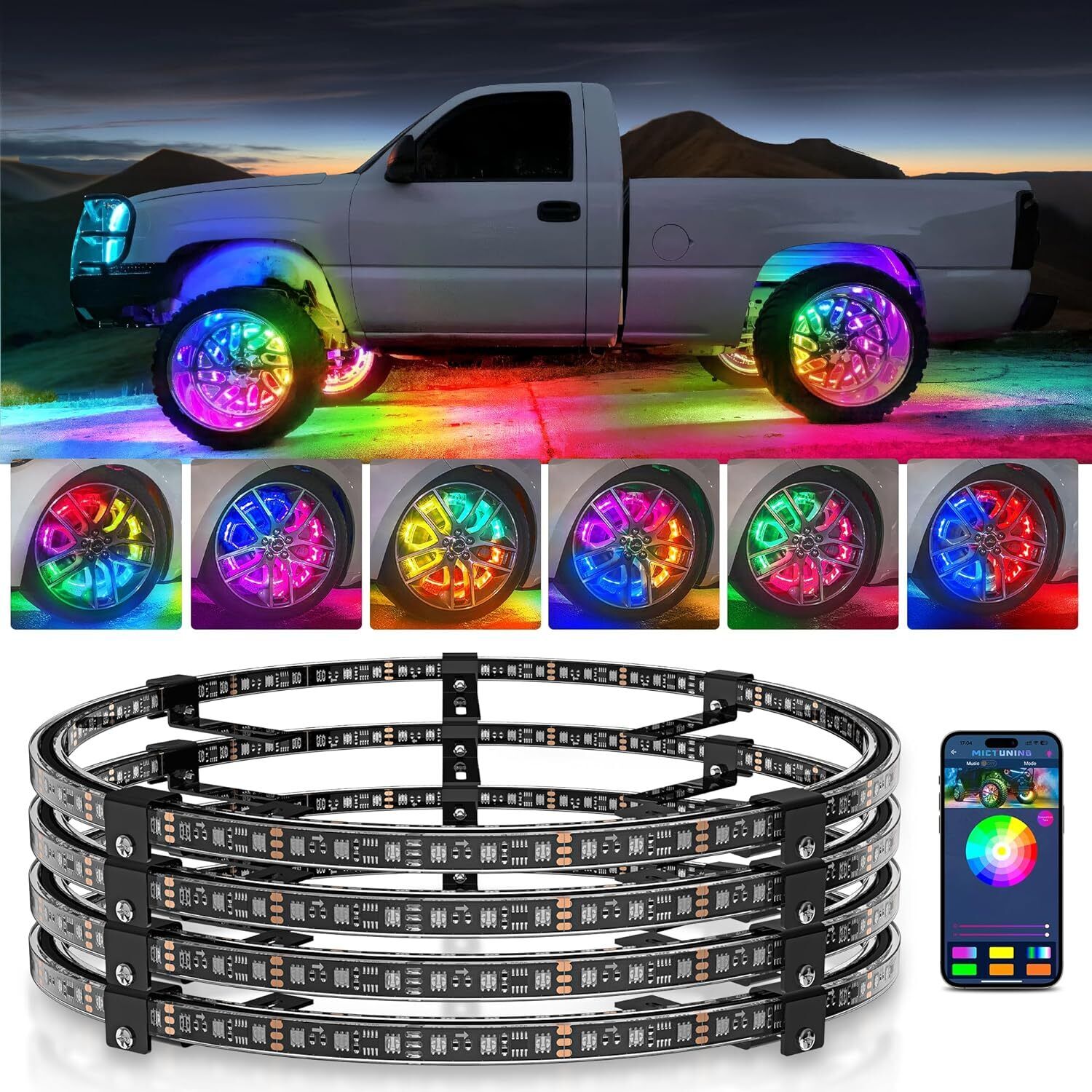MICTUNING 17inch V1 RGB+IC Chasing Color Wheel Ring Lights Kit with APP Control