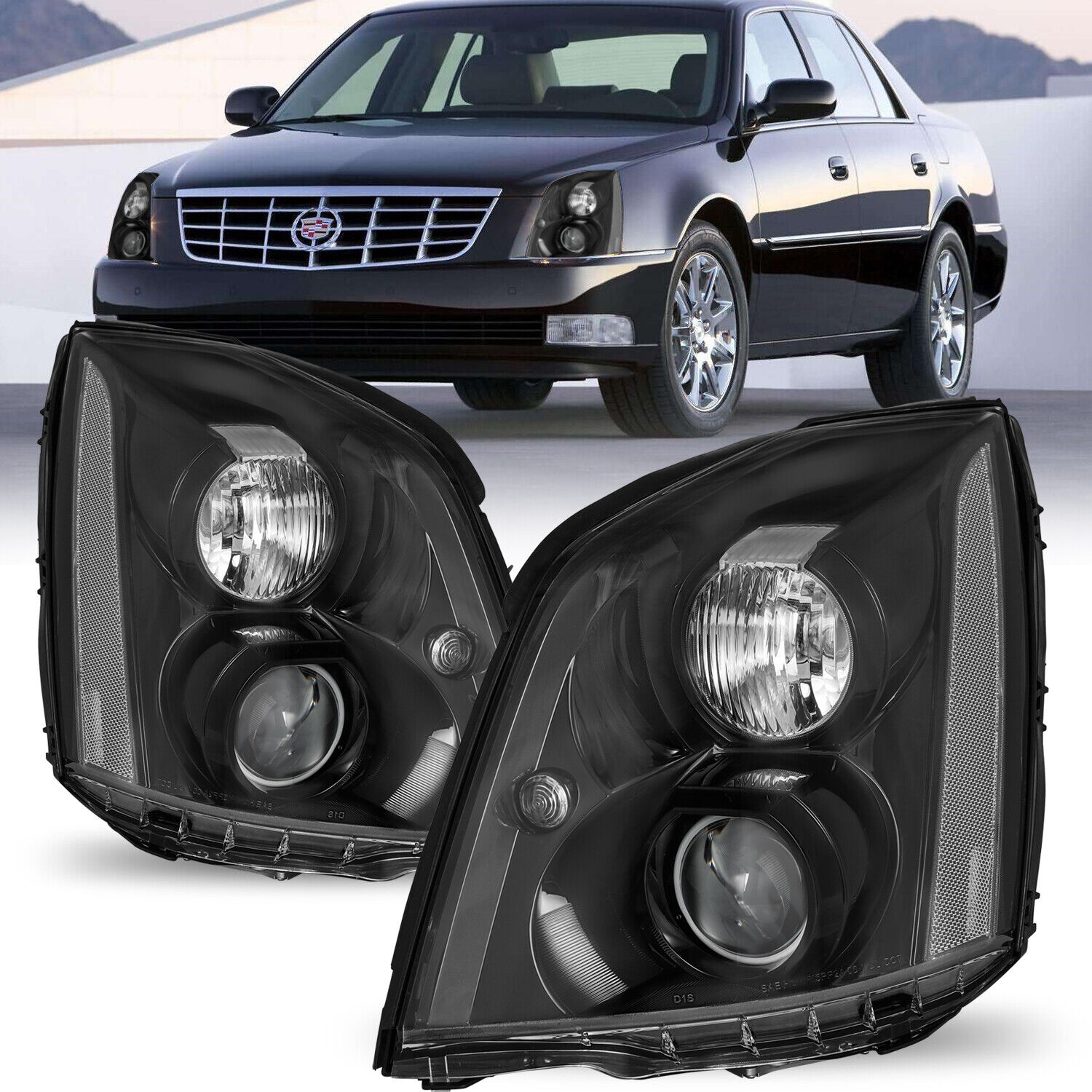 Projector Black Headlight For 2006-2011 Cadillac DTS HID/Xenon Left+Right