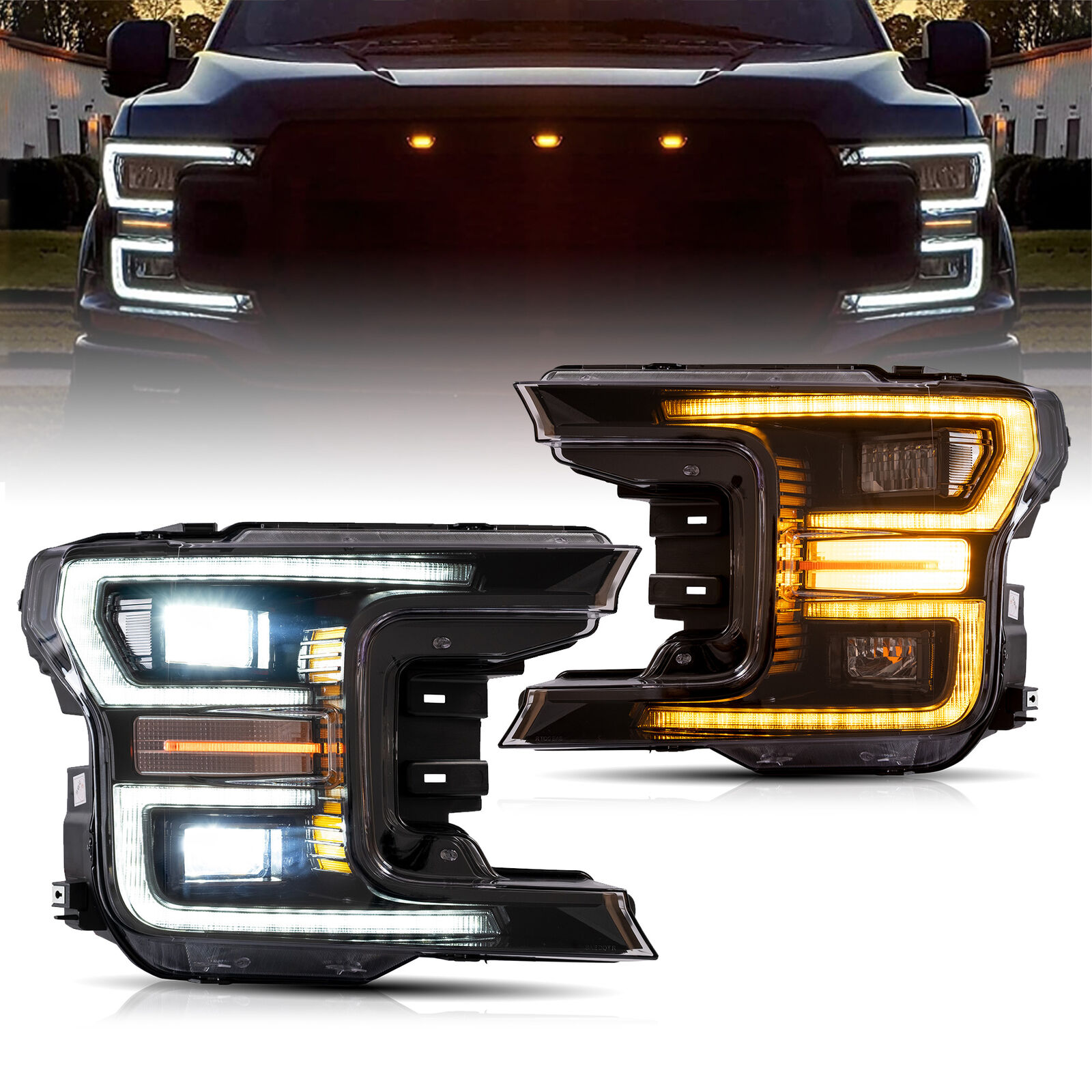 VLAND LED Headlights Sequential Turn Signal Fit Ford F-150 2018-2020 Black Pair