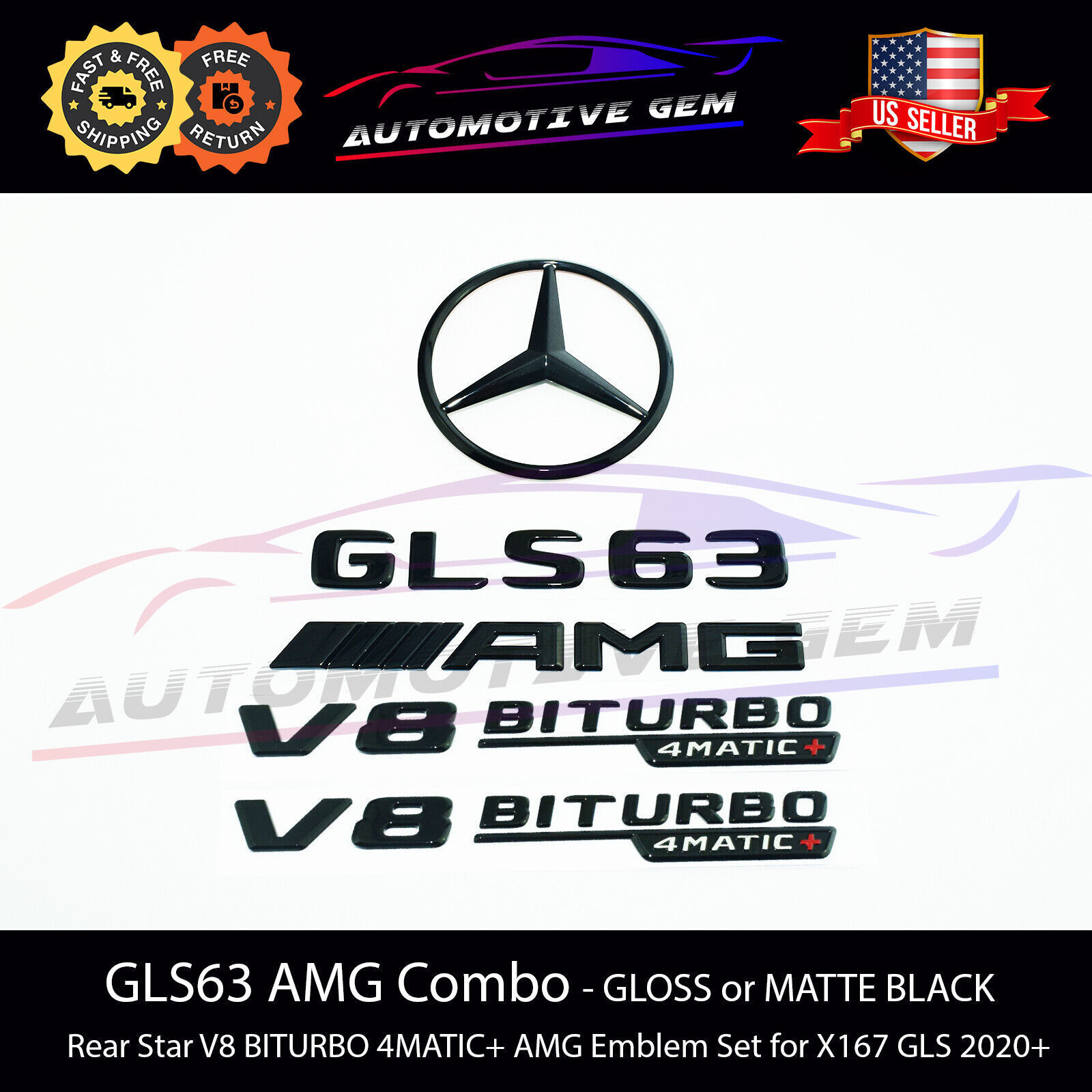 GLS63 AMG V8 BITURBO 4MATIC+ Rear Star Emblem Black Badge Combo Set X167 2020+