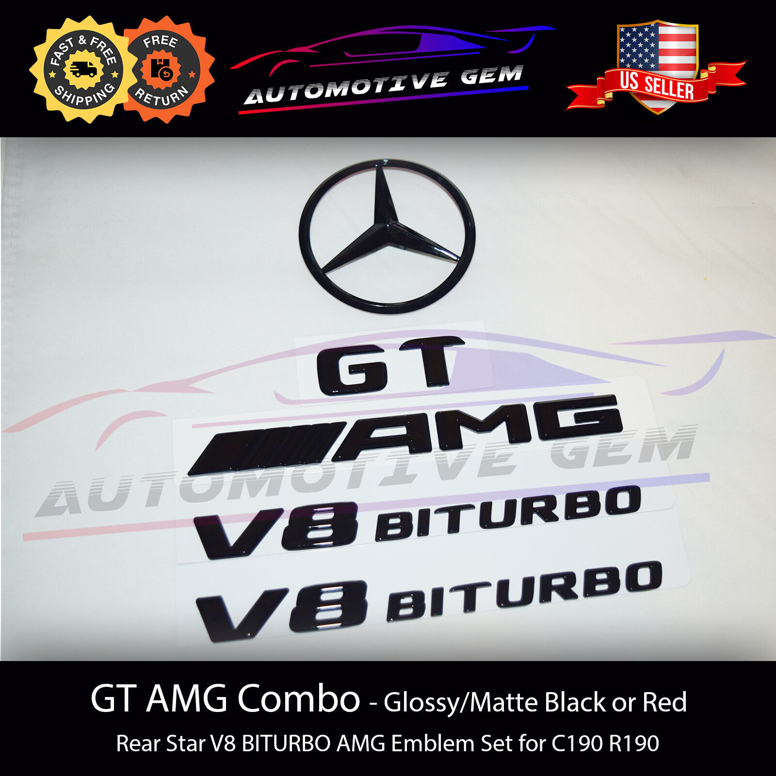 GT AMG V8 BITURBO Star Emblem Black Badge Combo Set for Mercedes C190 R190