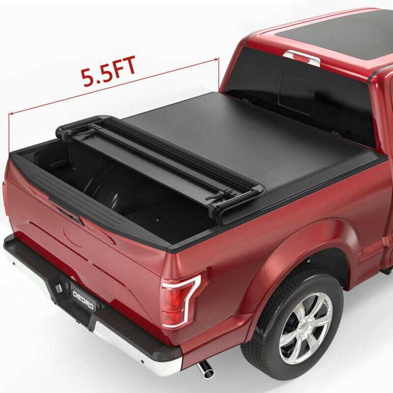 5.5FT 4-Fold Soft Truck Bed Tonneau Cover For 2015-2024 Ford F150 F-150 w/ Lamp