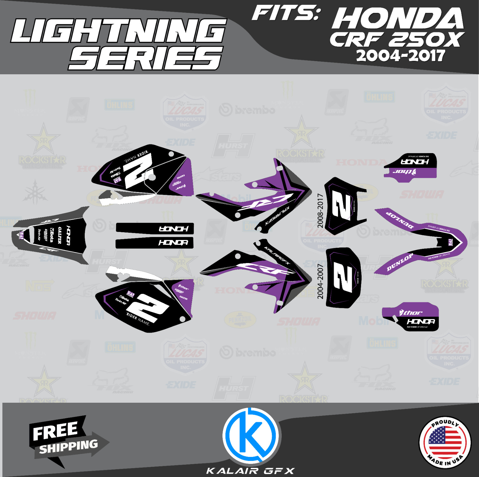 Graphics Kit for HONDA CRF250X (2004-2017) CRF 250X Lightning Series - Purple