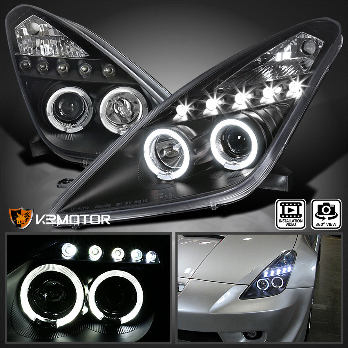Black Fits 2000-2005 Toyota Celica LED Halo Projector Headlights Lamp Left+Right