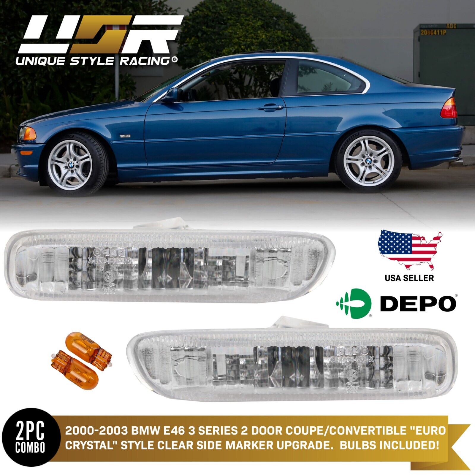 DEPO Euro Clear Side Marker Light For 99-01 BMW E46 3 Series 4D Door Sedan Wagon