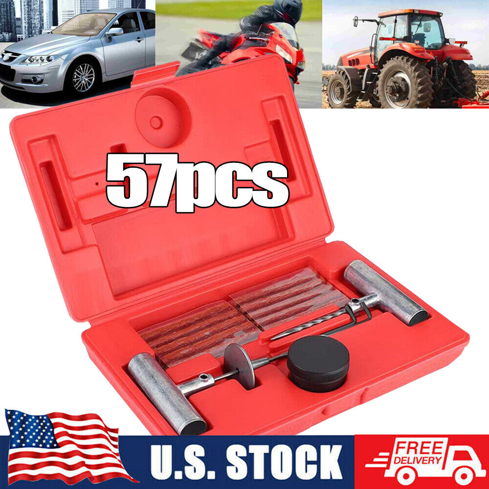 57Pcs Heavy Duty Flat Tire Repair Tool Kit Plug Patch Car Truck with Carry Case