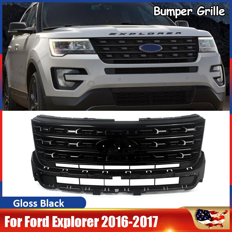 1x Front Bumper Upper Grille Grill For 2016-2017 Ford Explorer Sport Gloss Black