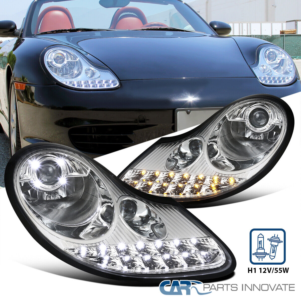 Fits Porsche 986 Boxster 996 911 Clear LED+Signal Projector Headlights Fog Lamps