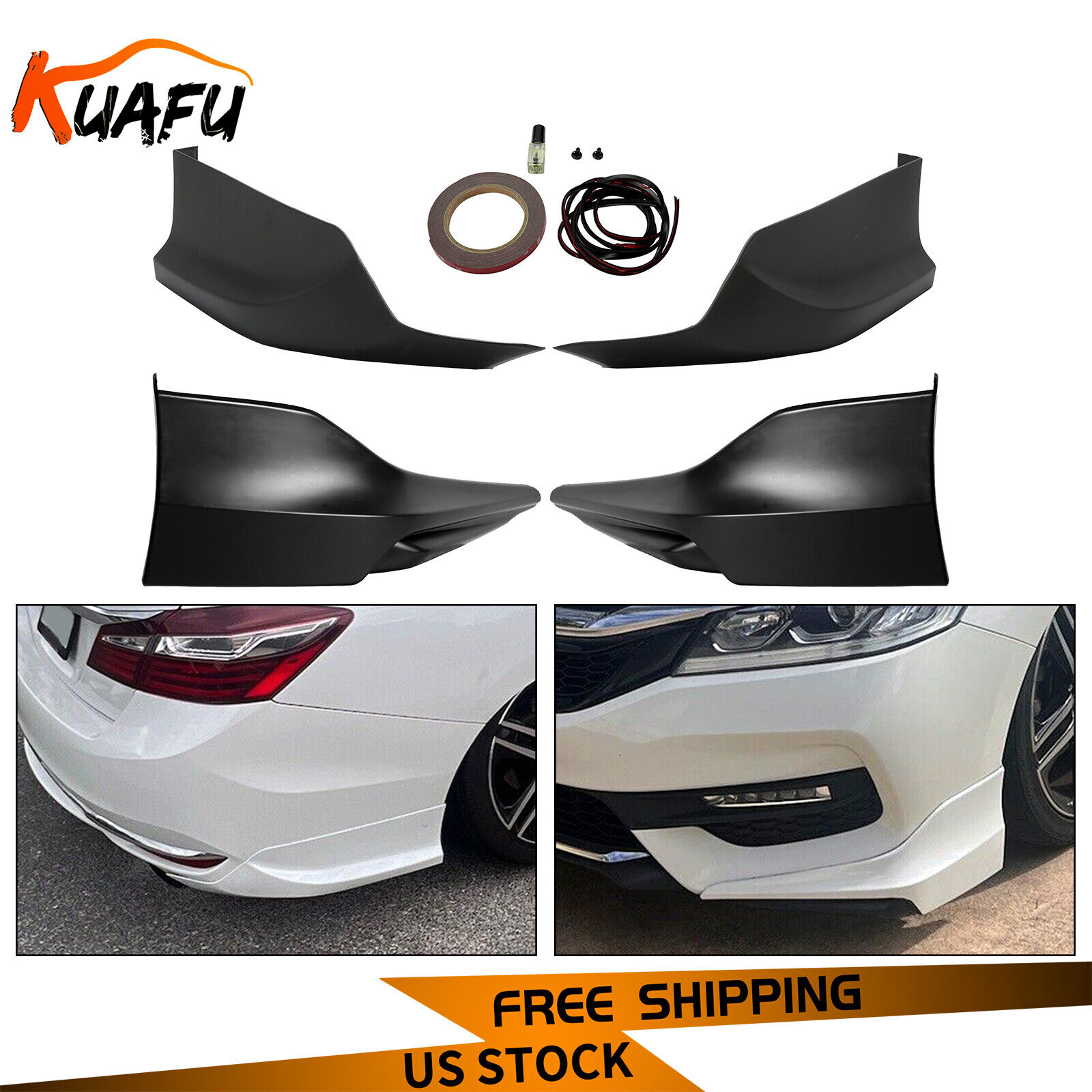 KUAFU Front&Rear Bumper Lip Splitter Spoilers for 16-17 Accord 4DR HFP Style