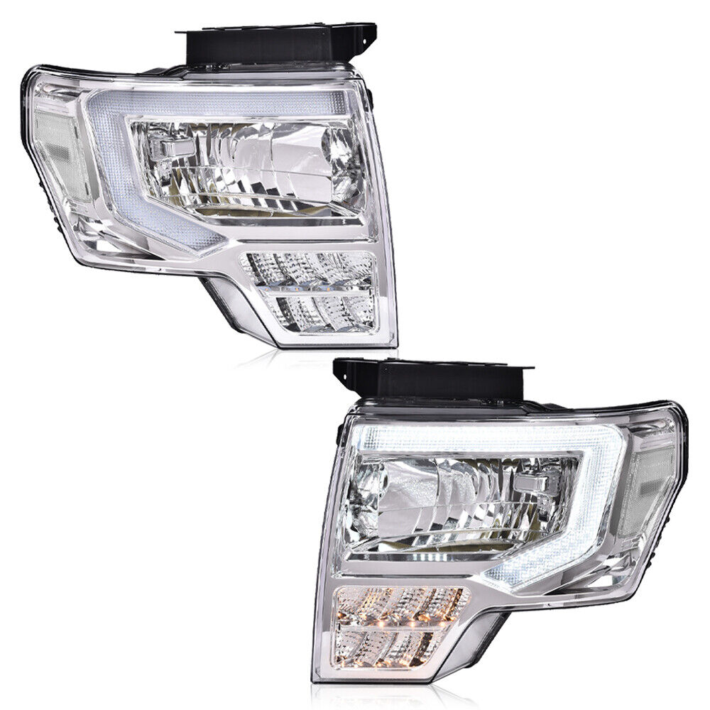 Pair Chrome/Clear LED DRL Headlights Front Lamps Fit For 09-14 Ford F-150 Pickup