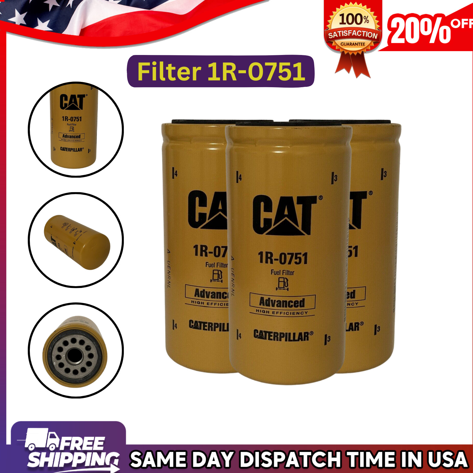 3 pcs New Cat 1R-0751 Fuel Filters / Caterpillar 1R-0751 High Efficiency Filters