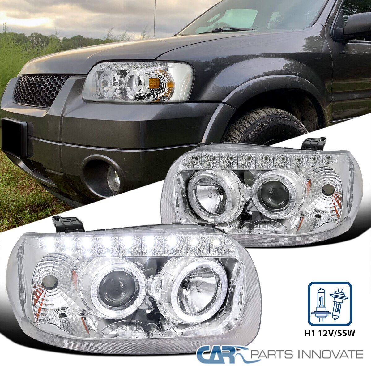 Fits 2005-2007 Ford Escape Clear Dual Halo Projector Headlights LED Strips Lamps