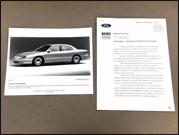 1994 Lincoln Contempra Concept Car Factory Photo and Press Release Brochure