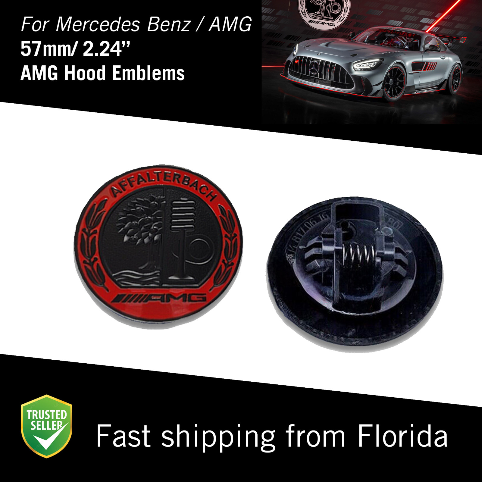 AMG Red & Black hood Emblem Badge Mercedes Benz 57mm/2.24inch Metal