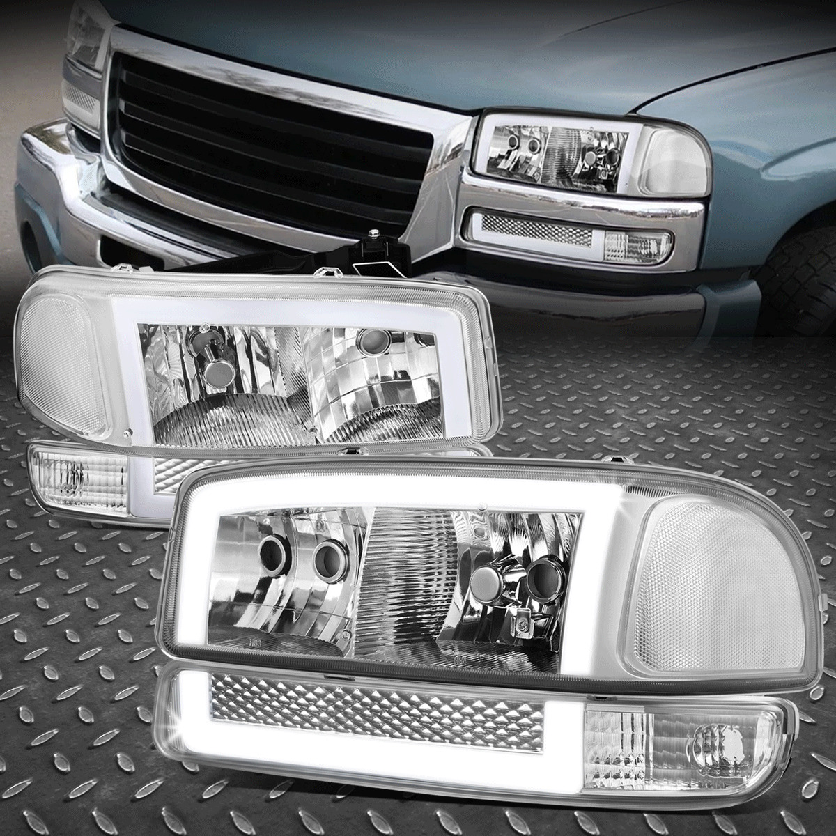 For 99-07 GMC Sierra Yukon XL Switchback LED DRL Headlight+Bumper Lamps Assembly