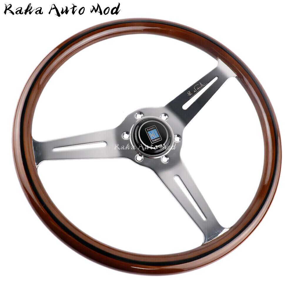 355mm JDM ND Solid Wooden Silver Chrome Spoke Racing Sport Steering Wheel