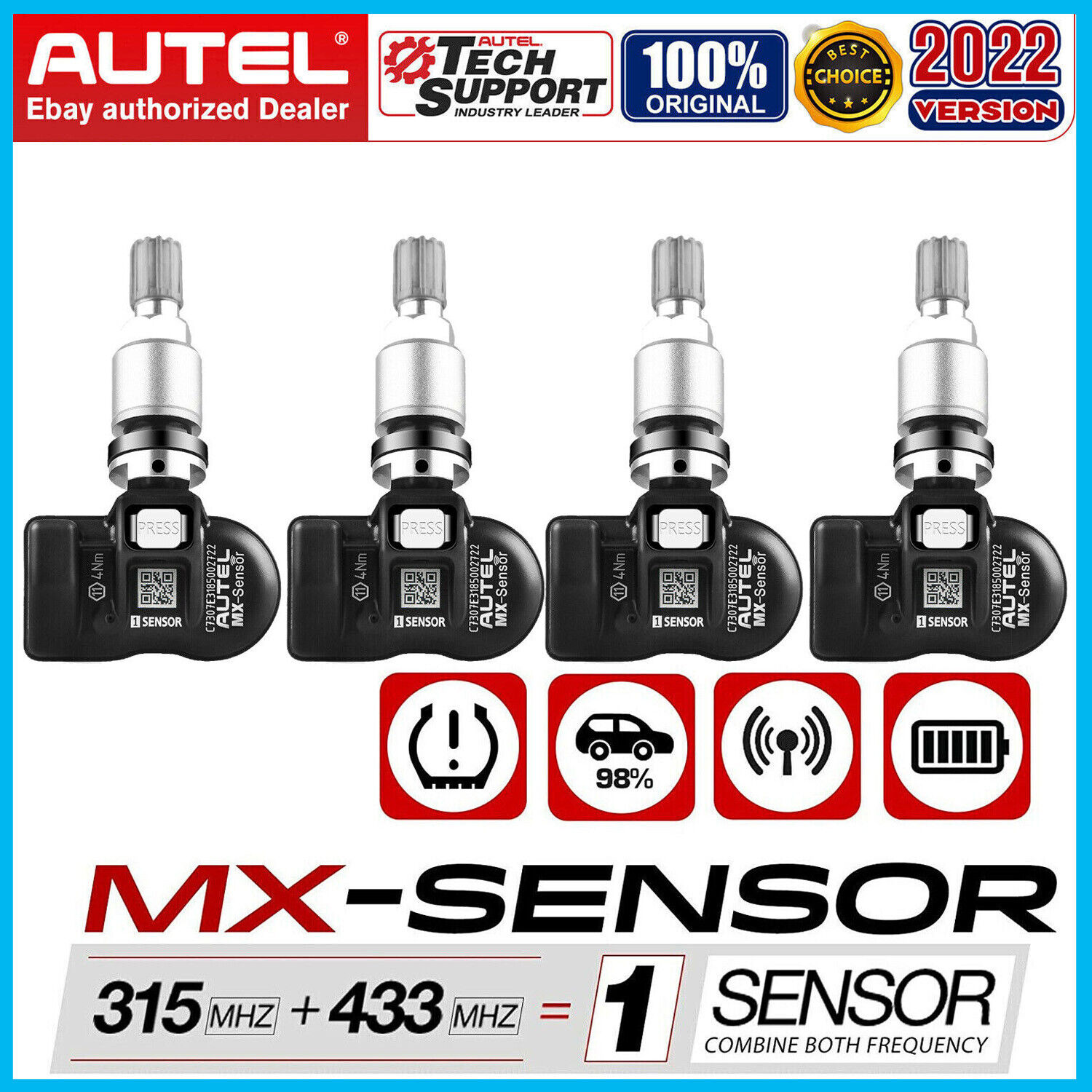4x Autel MaxiTPMS 315MHz/433MHz 2 in1 MX-Sensor Pro/grammable Tire Pressure TPMS