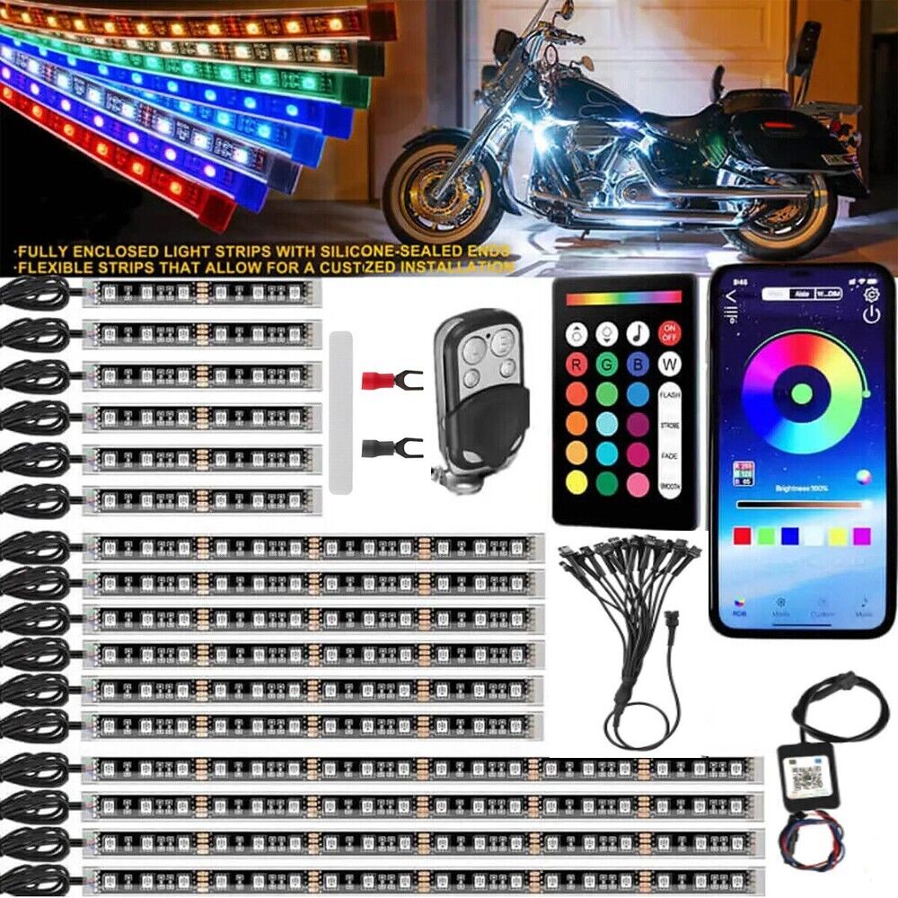 16PC RGB Bluetooth Motorcycle LED Light Under Glow Neon Strip Remote Control Kit