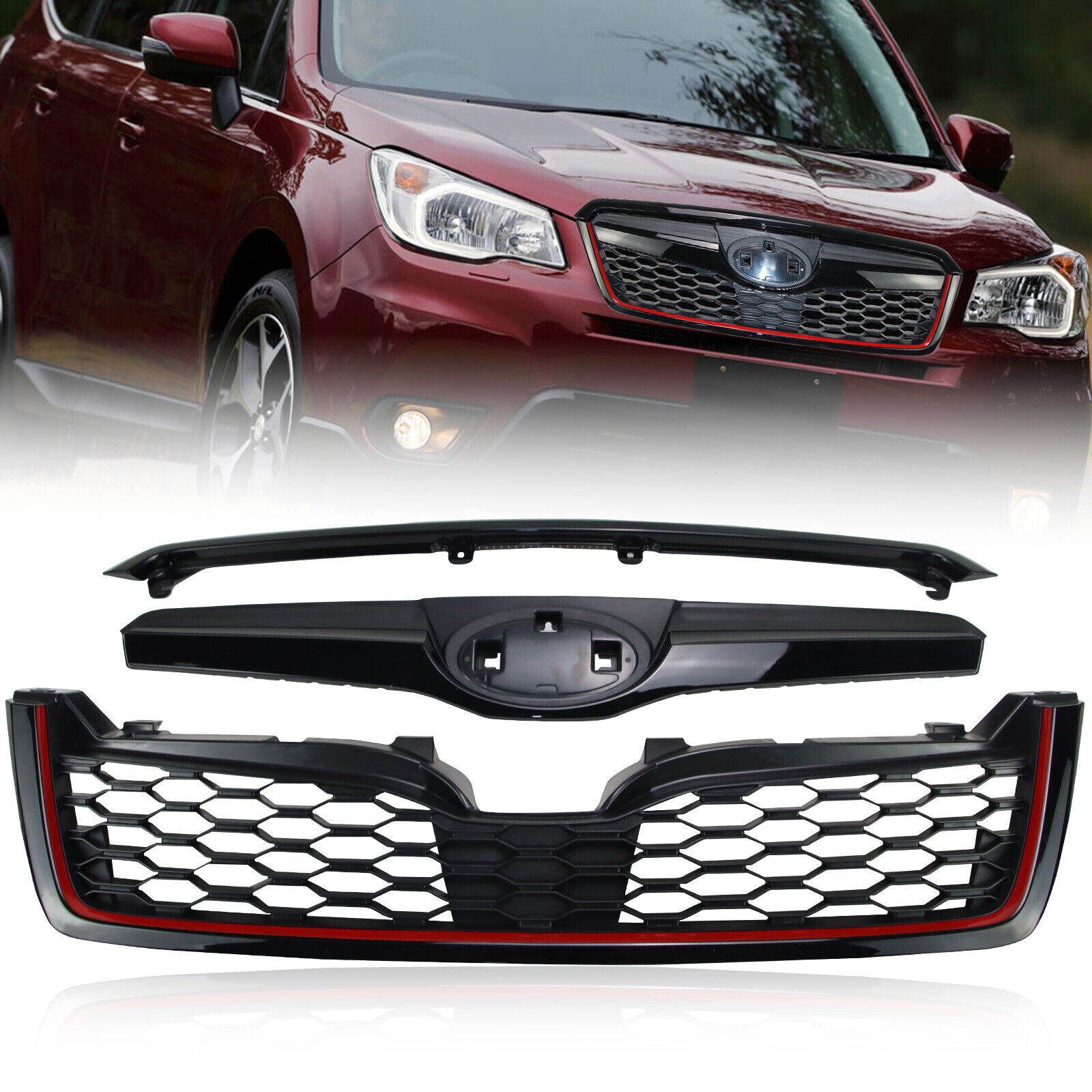 Front Grill for 2014-2018 Subaru Forester Gloss Black with Red Line