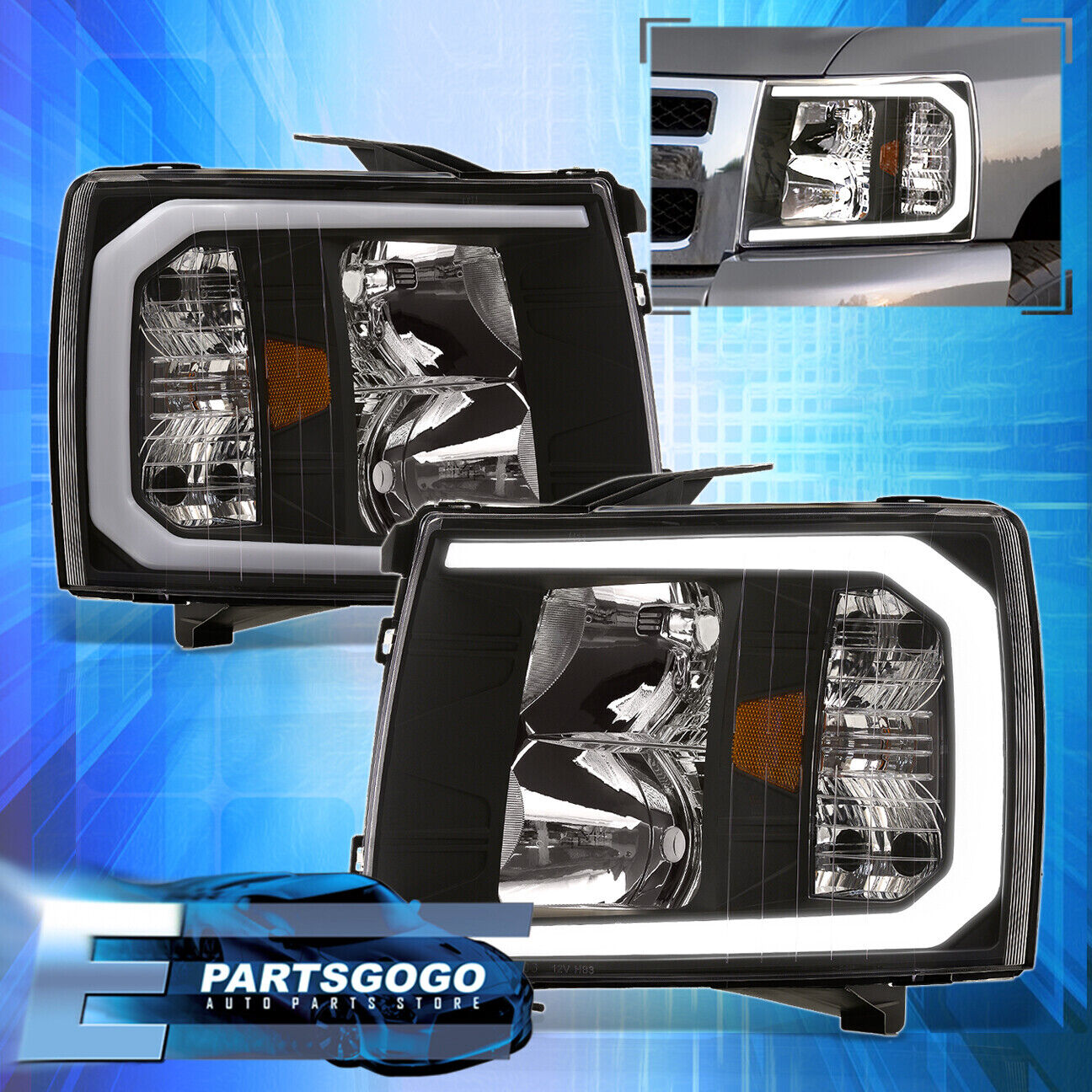 For 07-14 Chevy Silverado 1500 2500HD LED DRL Black Amber Headlights Lamps LH+RH
