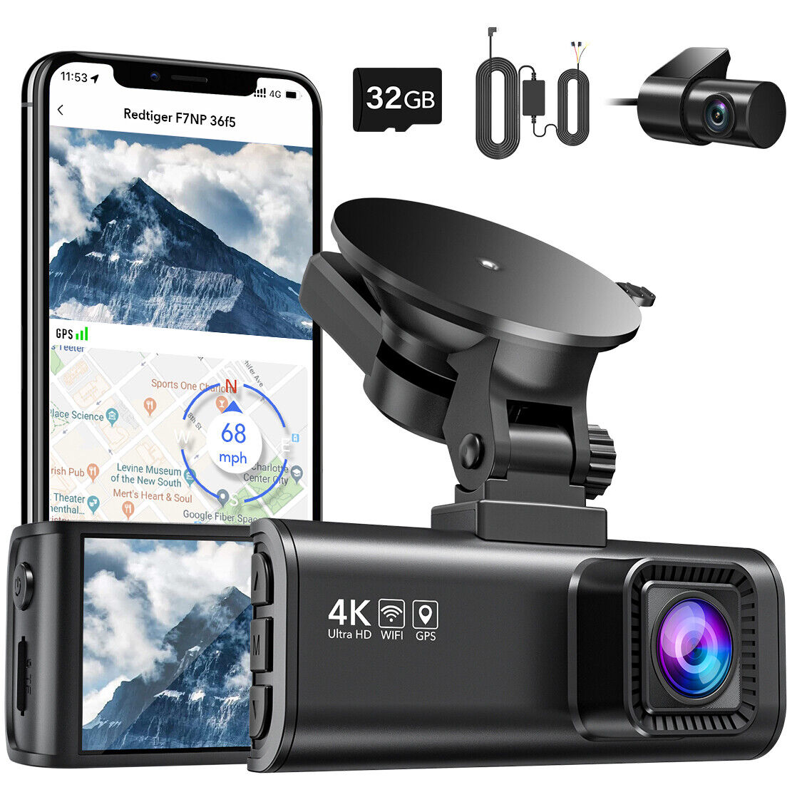 REDTIGER Dash Camera Front and Rear 4K Dash Cam Built-In WiFi with Hardwire kit