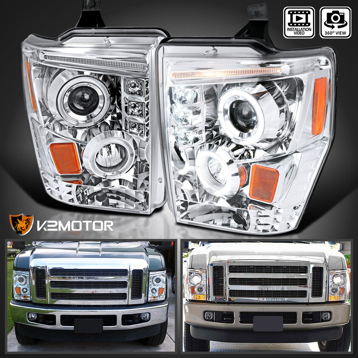 Fits 2008-2010 Ford F250 F350 Super Duty LED Halo Projector Headlights Lamps