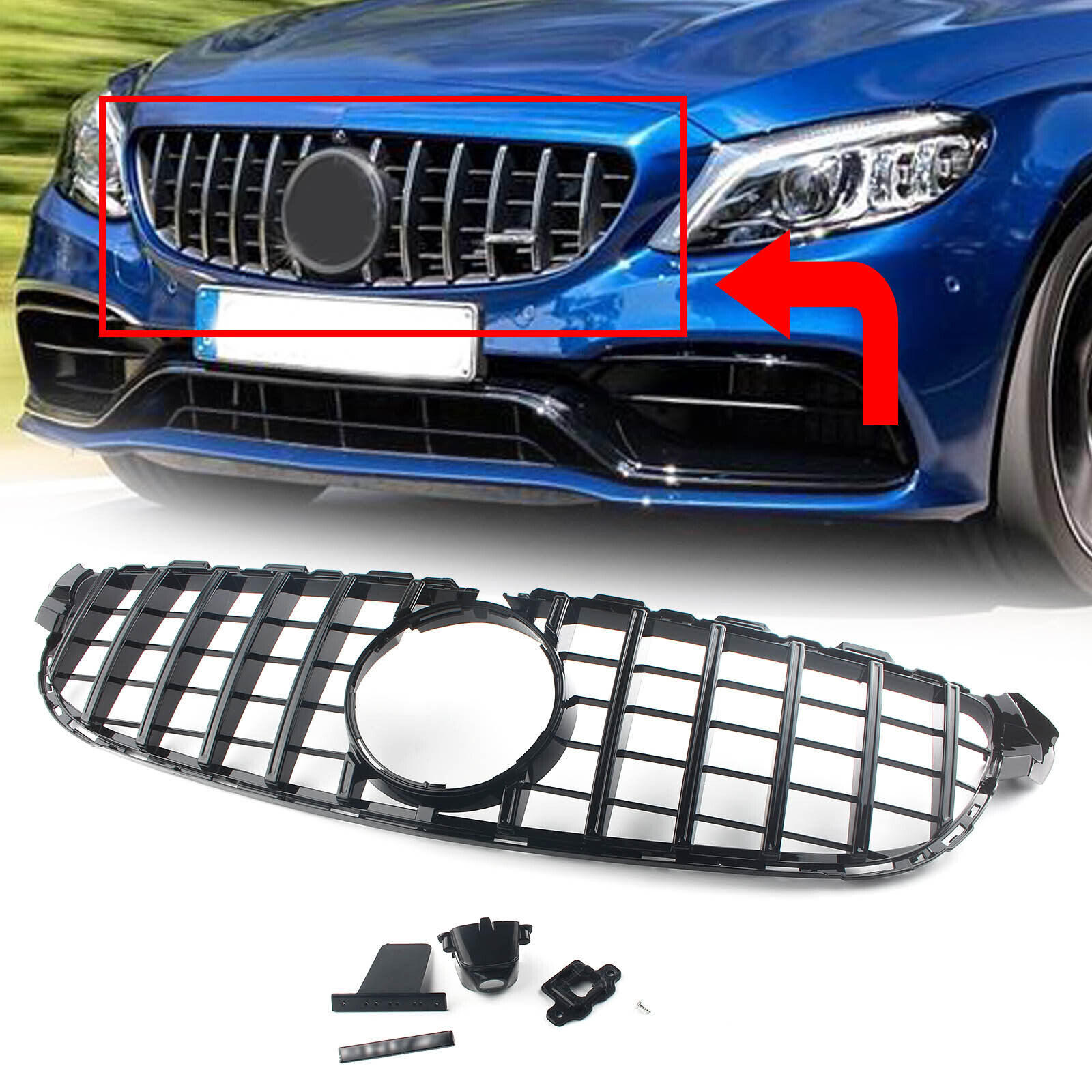Fit For Mercedes Benz W205 C63 AMG S 2015-2018 All Black GT R Grille W/Camera