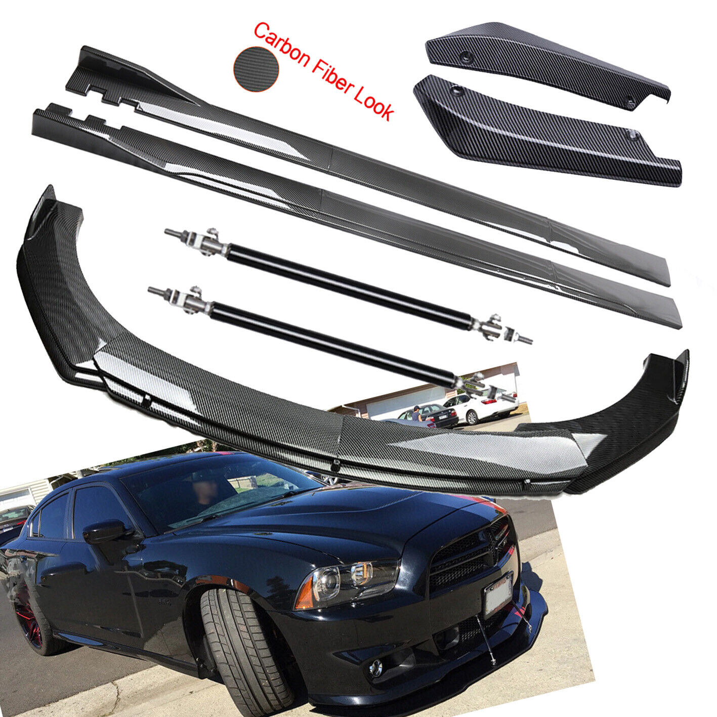 For Dodge Charger RT SRT SXT Front Bumper Lip Rear Splitter Spoiler Carbon Fiber