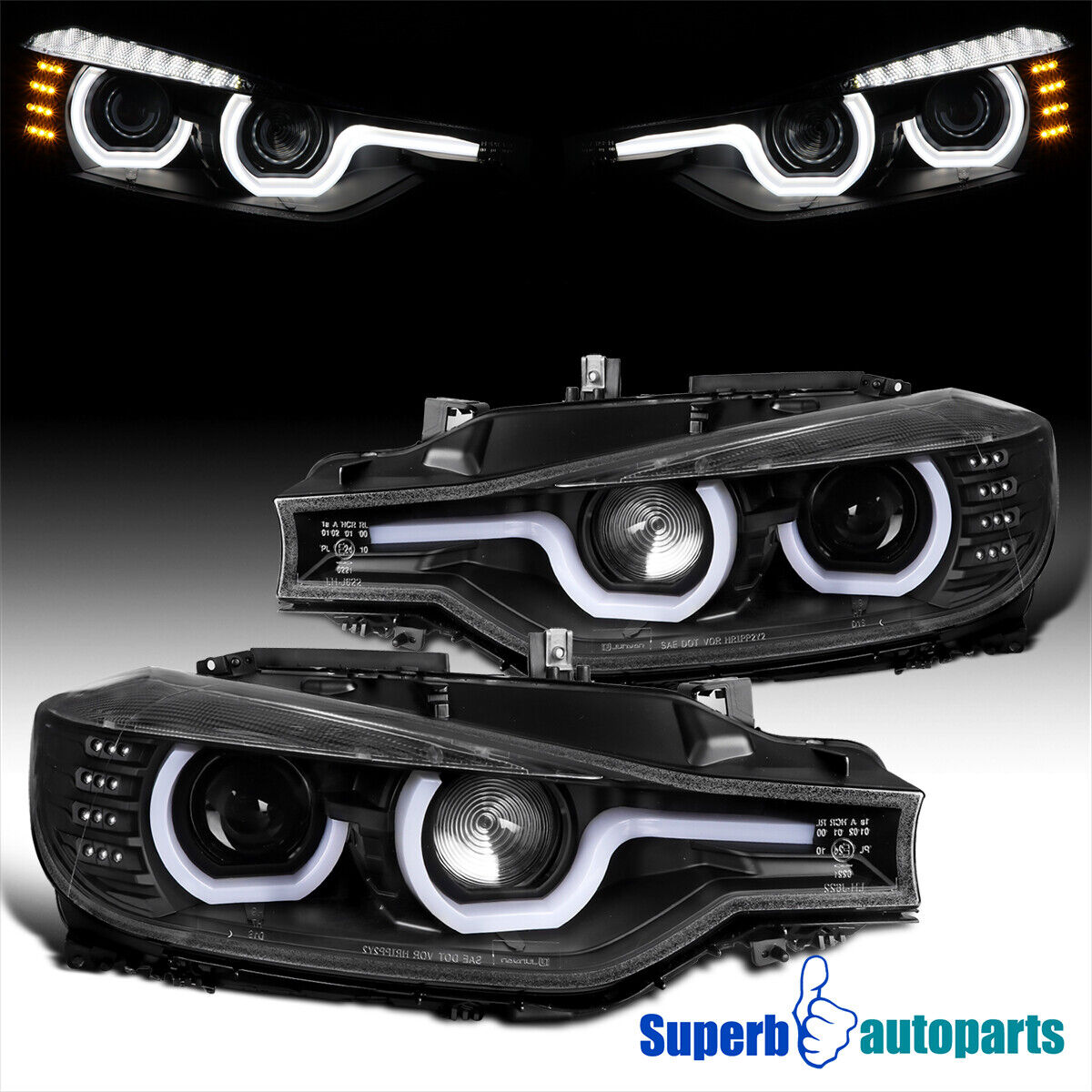 Fits 2012-2015 BMW F30 3-Series Black Housing LED U-Rings Projector Headlights