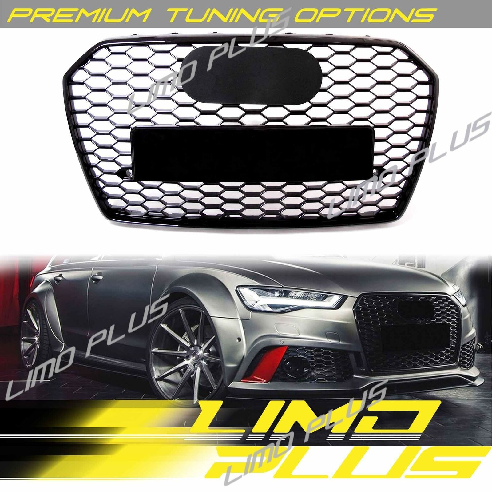 RS6 Style Honeycomb Grill Front Grille Glossy Black For Audi A6 C7 S6 16-18
