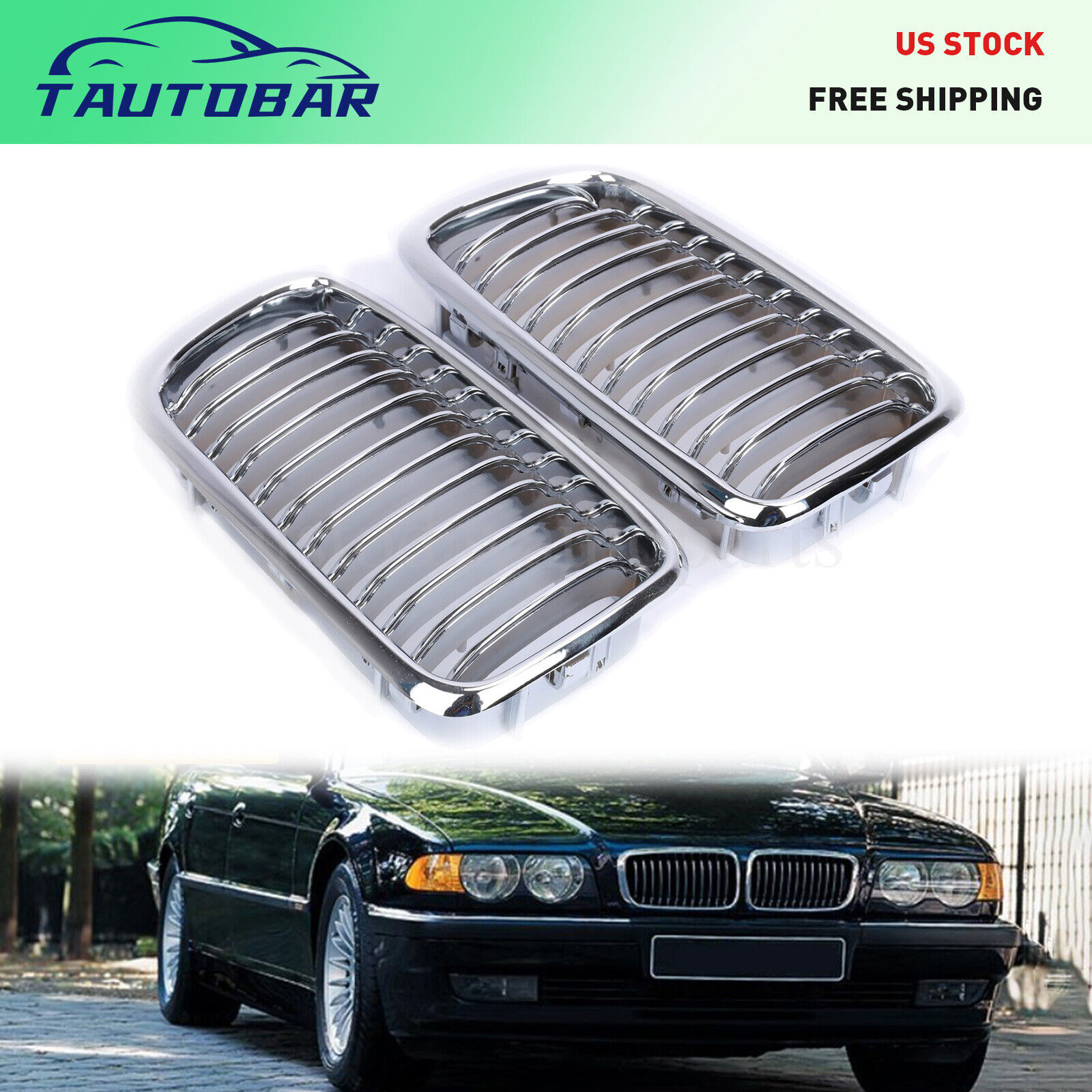 Chrome Front Hood Kidney Grilles For 1995-2001 BMW E38 7-Series 740i 740iL 750iL