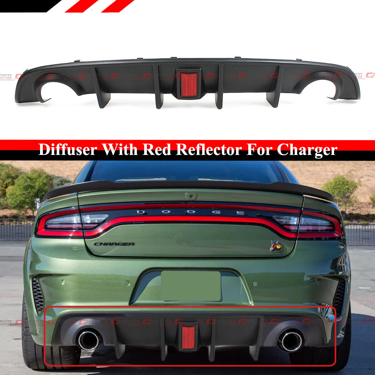 For 15-22 Dodge Charger SRT R/T Scat Pack Rear Bumper Diffuser W/ Red Reflector