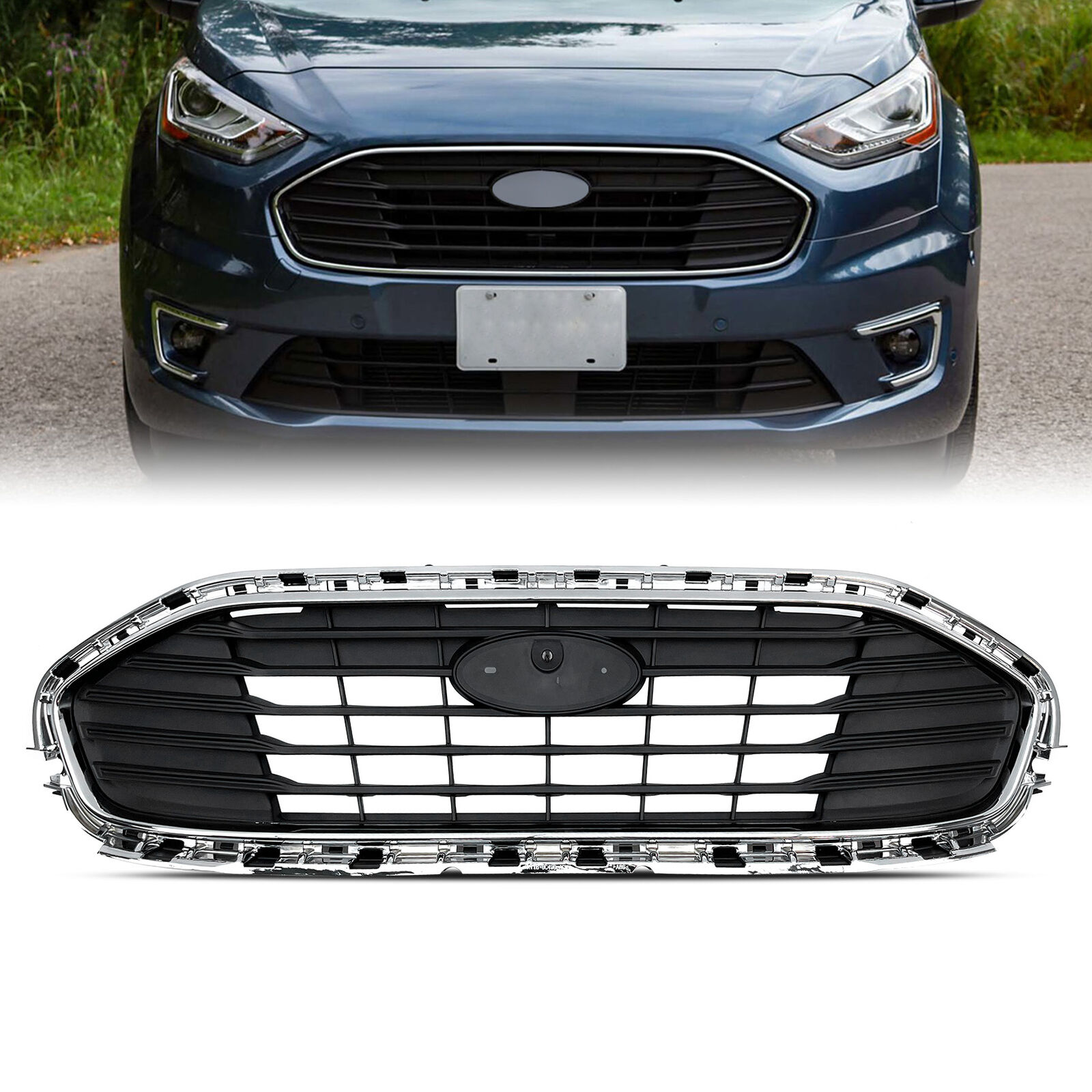 For 2019 2020 2021 Ford Transit Connect Upper Front Grill W/ Chrome Molding Trim