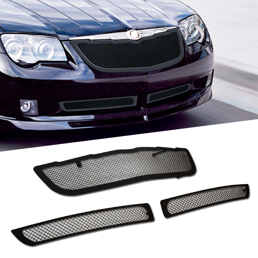 Black Mesh Grille Main Upper Lower Grill Combo Fits 2004-2008 Chrysler Crossfire