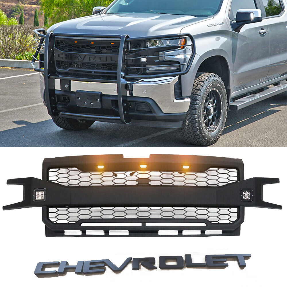 Grill for 2019 2020 Chevrolet Silverado 1500 Front Upper Grille Hood W/Led Light