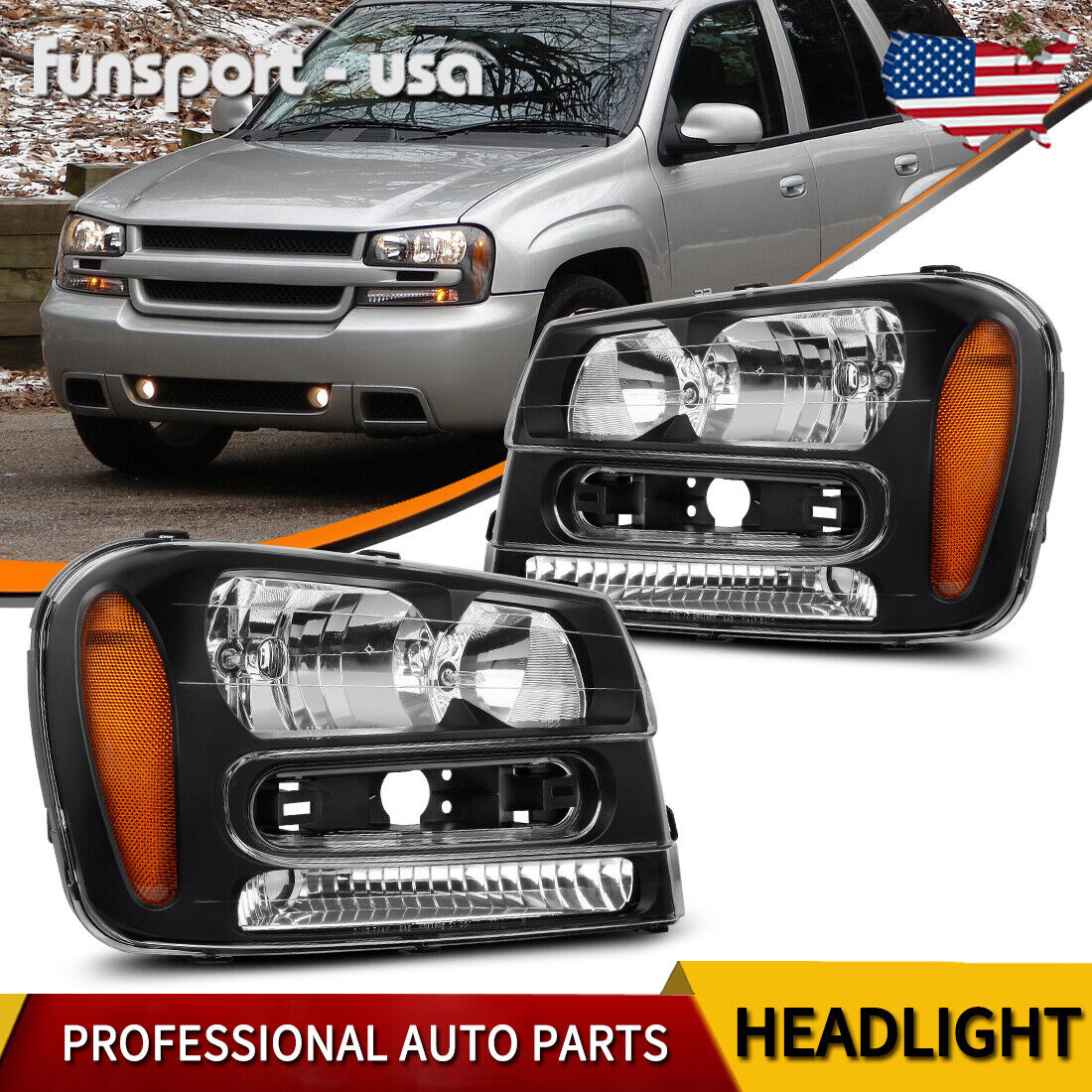 Headlights Assembly For 02-09 Chevrolet Trailblazer Black Housing Amber Headlamp