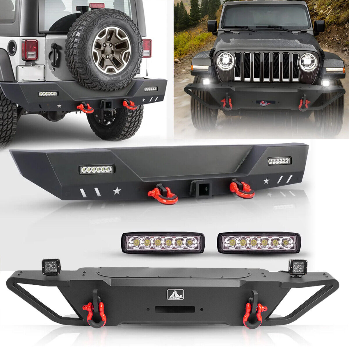 Black Steel Front/Rear Bumper For 2007-2018 Jeep Wrangler JK JKU w/LED Light