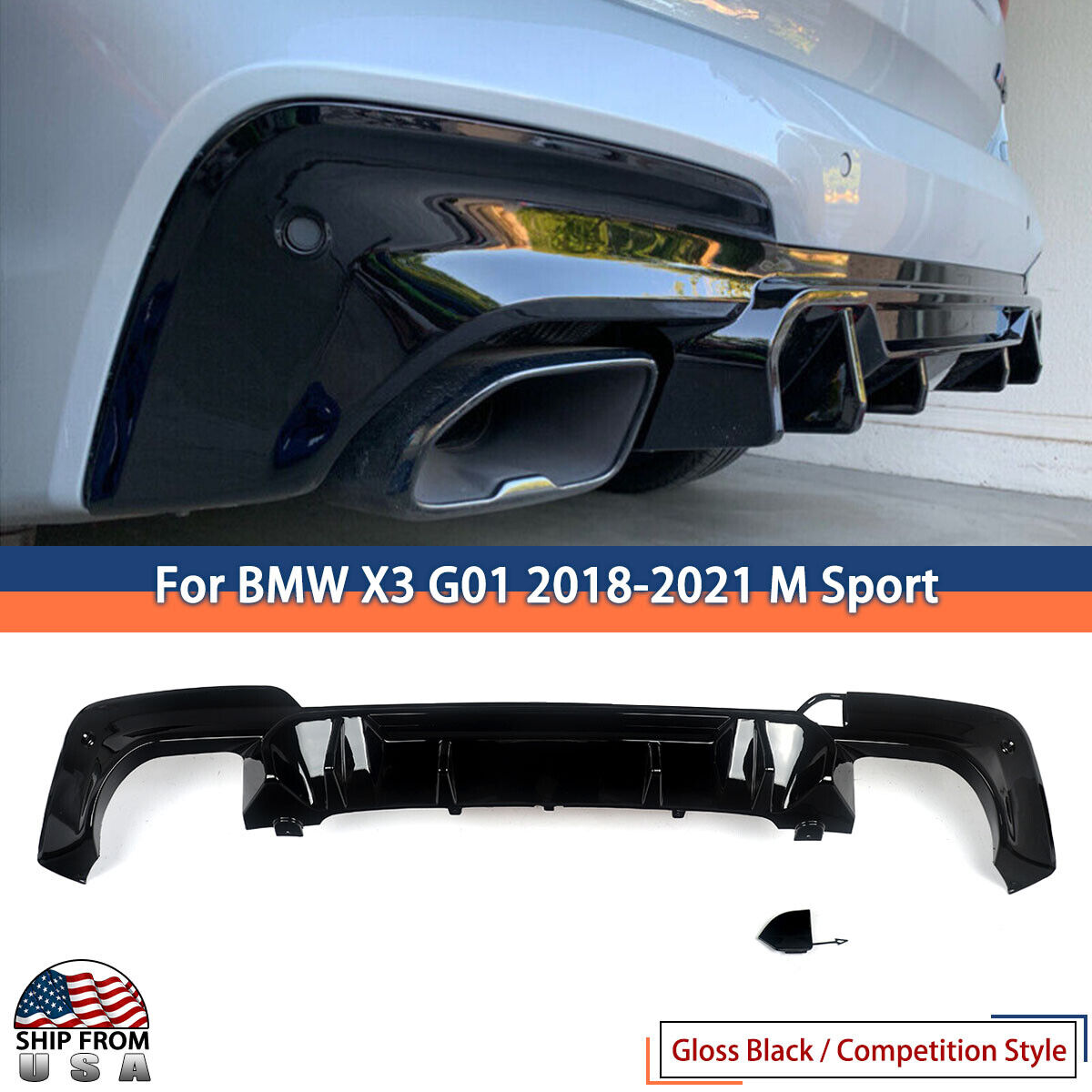 Gloss Black For 2018-2021 BMW G01 X3 M40i M-Sport Rear Diffuser Bumper Lip