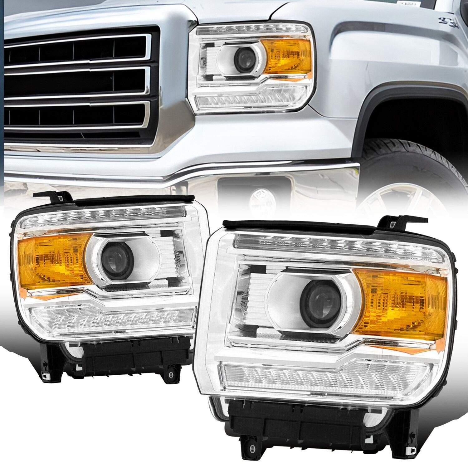 2x Chrome Amber LED DRL Head Lights Lamp For 2014-2018 GMC Sierra 1500 2500 3500