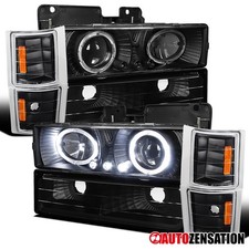 Fit 1994-98 Chevy C/K Silverado Black LED Halo Projector Headlights+Corner Lamps picture