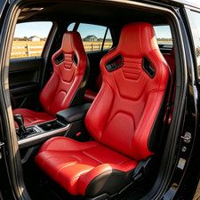 2PC Universal Red Reclinable Sport Racing Car Seat PVC & Carbon Leather W/Slider picture
