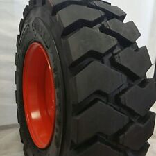 SET OF FOUR (4) 12-16.5 SKID STEER LOADER TIRES WITH ORANGE COLOR RIMS MOUNTED picture