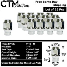 32Pc CHROME 9/16-18 EXTENDED THREAD ET STYLE LUG FIT RAM2500/3500 F250/F350&MORE picture