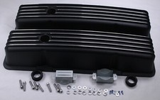 Black Aluminum Chevy Nostalgia Finned TALL Valve Covers 283 305 327 350 400 SBC picture