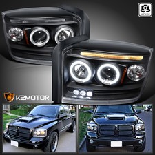 Black Fits 2005-2007 Dodge Dakota LED Dual Halo Projector Headlights Left+Right picture