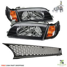 For Toyota Corolla 93-97 Headlights Black + H4 Led Bulbs + Front Grille Mesh picture