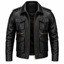 Men's Black Genuine Leather Field Jacket Multi Pocket Motorcycle Biker Coat. picture