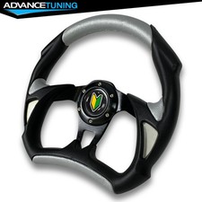 Universal Battle Type 32CM Black Silver PVC Leather 6 Hole Steering Wheel Horn picture