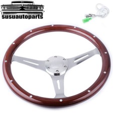15 Inch 380mm Billet Steering Wheel Dark Wood Riveted Grip Chrome Spoke 6 Hole picture